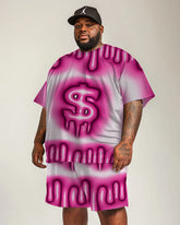 Men's Plus Size Street Hip Hop Pink Gradient Symbol Print Short Sleeve T-Shirt Shorts Suit